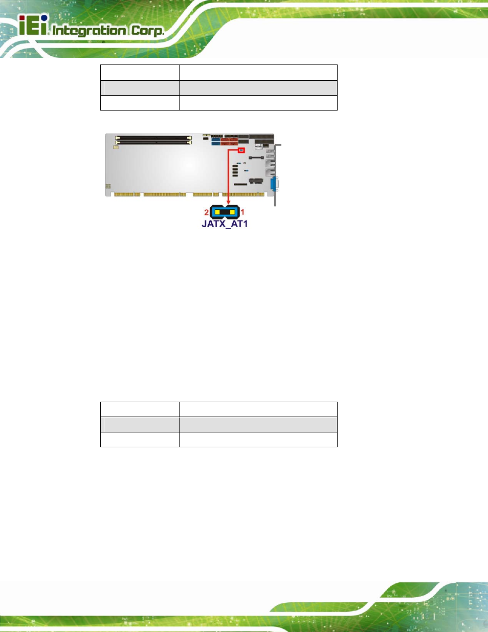 2 clear cmos jumper, Figure 4-7: at/atx power mode jumper location, Table 4-2: at/atx power mode jumper settings | Table 4-3: clear bios jumper settings | IEI Integration PCIE-Q670 v1.03 User Manual | Page 67 / 206