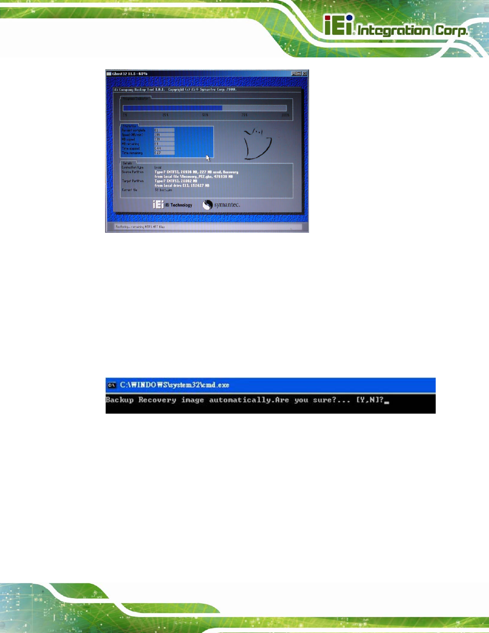 Figure b-26: building the auto recovery partition, Figure b-27: factory default image confirmation | IEI Integration PCIE-Q670 v2.00 User Manual | Page 166 / 205