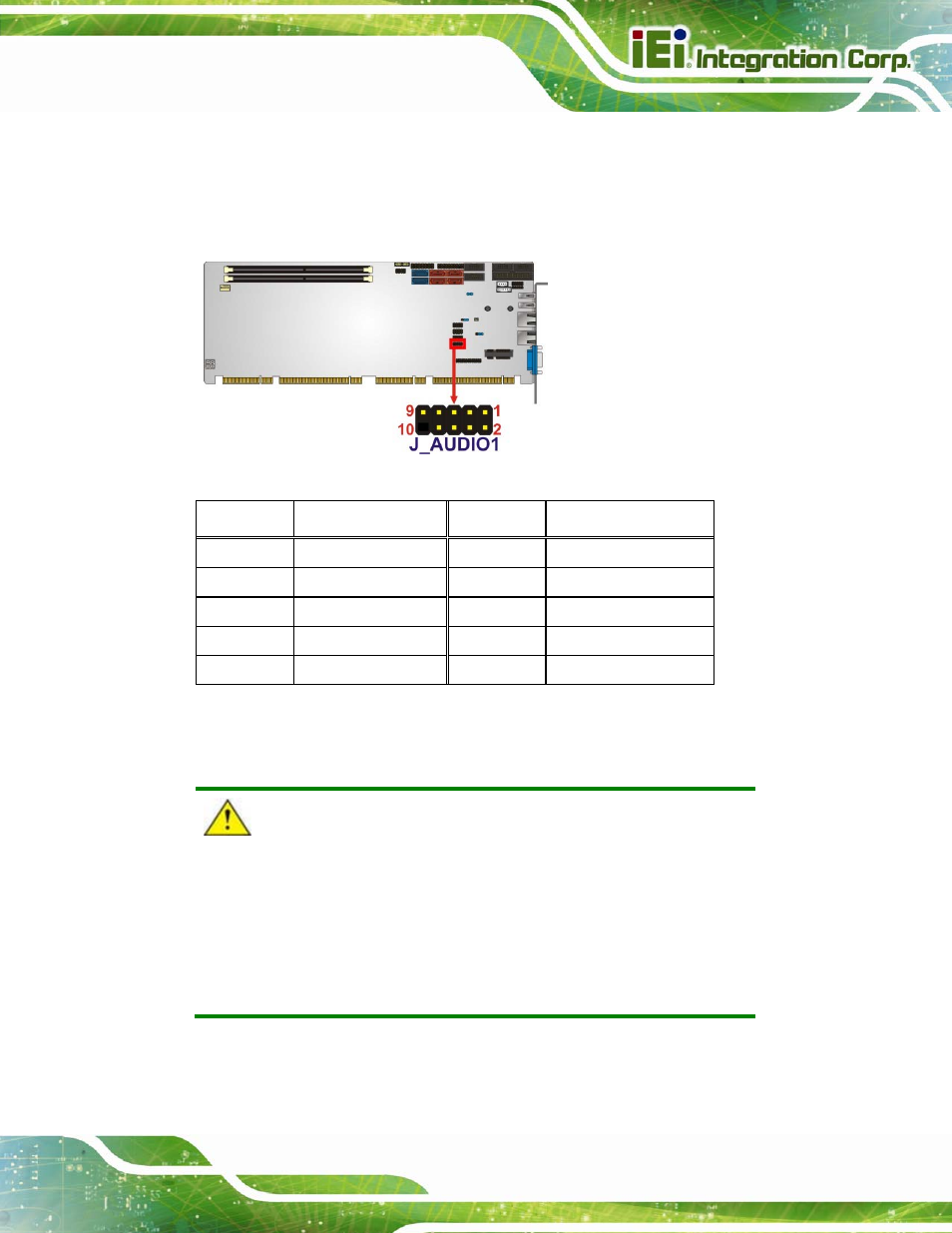 3 battery connector, Figure 3-3: audio connector location, Table 3-4: audio connector pinouts | IEI Integration PCIE-Q670 v2.00 User Manual | Page 36 / 205