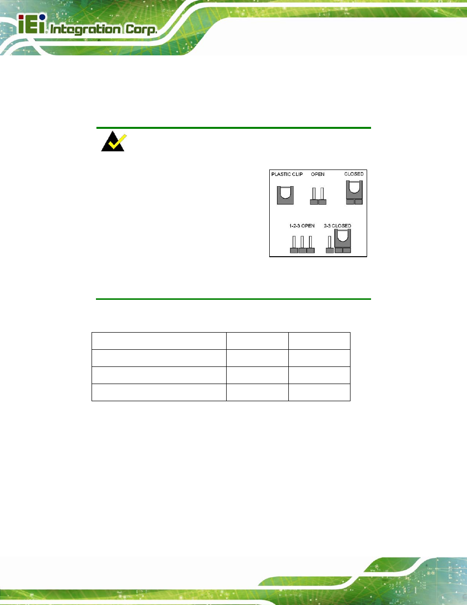 3 jumper settings, 1 at/atx power select jumper, Umper | Ettings, Table 4-1: jumpers | IEI Integration PCIE-Q670 v2.00 User Manual | Page 65 / 205