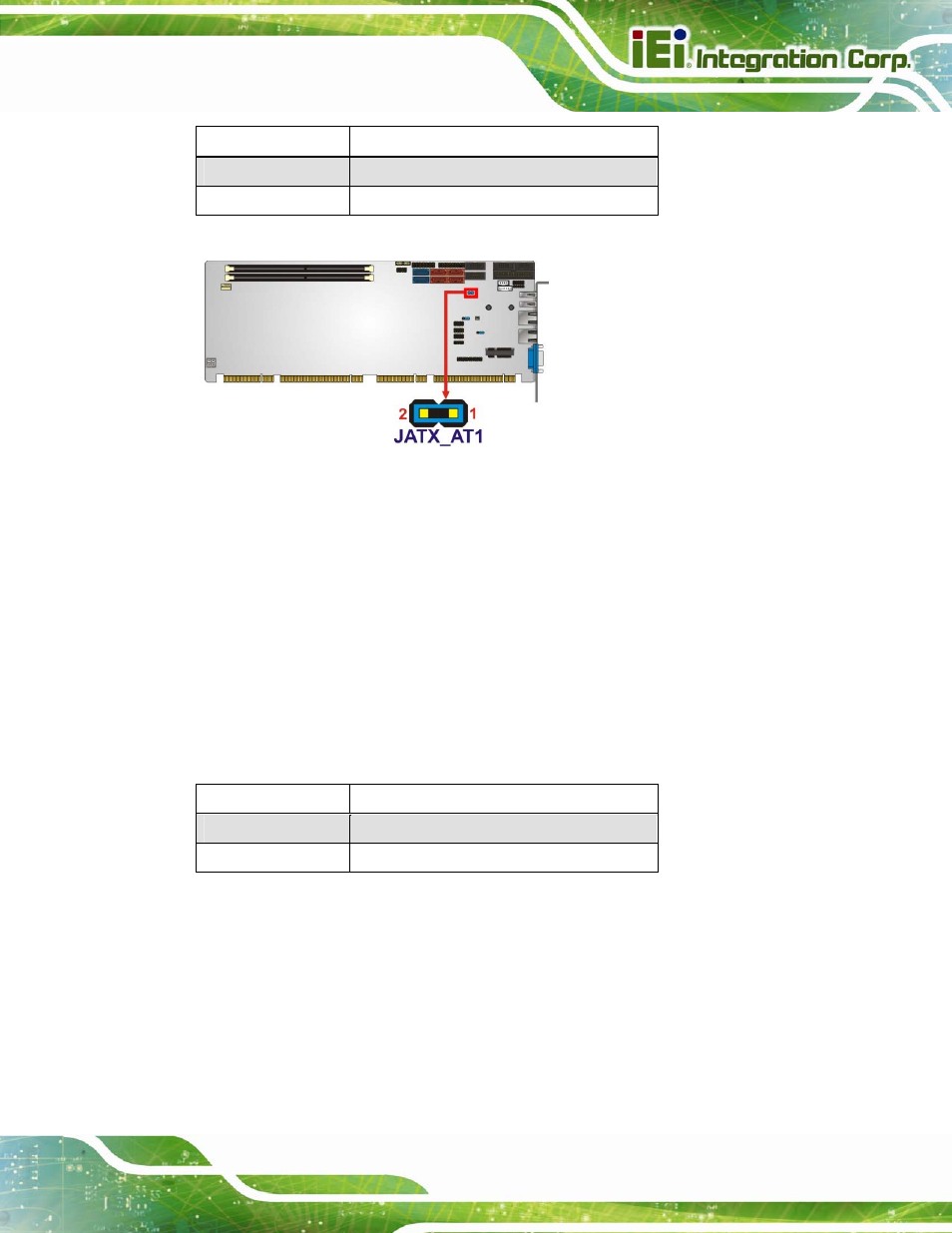 2 clear cmos jumper, Figure 4-7: at/atx power mode jumper location, Table 4-2: at/atx power mode jumper settings | Table 4-3: clear bios jumper settings | IEI Integration PCIE-Q670 v2.00 User Manual | Page 66 / 205