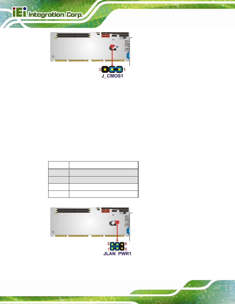 3 wake-on lan jumper, Figure 4-8: clear bios jumper location, Figure 4-9: wake-on lan jumper location | Table 4-4: wake-on lan jumper settings | IEI Integration PCIE-H610 User Manual | Page 63 / 181