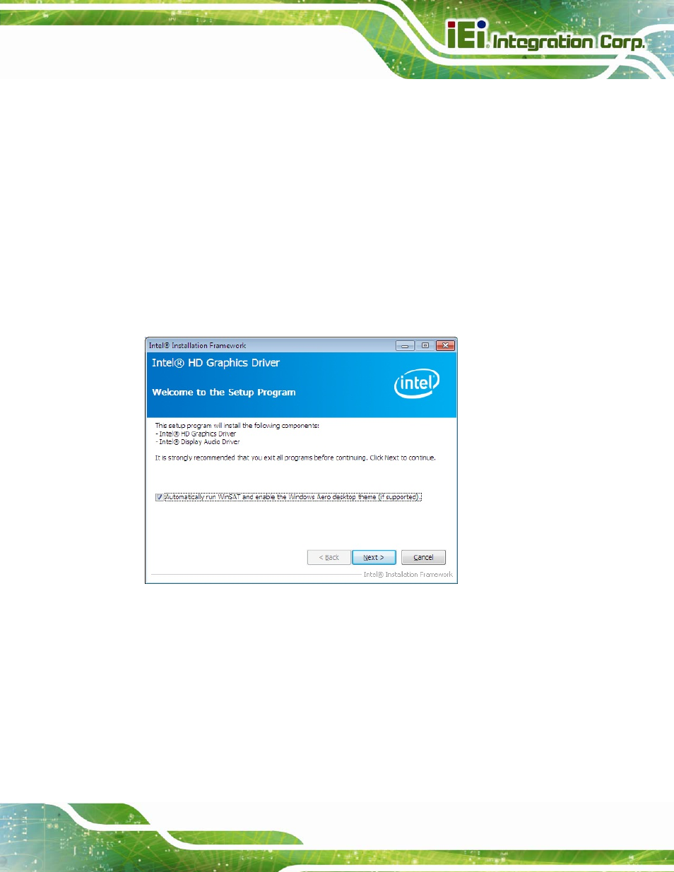 4 graphics driver installation, Raphics, River | Nstallation, Figure 6-8: graphics driver welcome screen | IEI Integration PCIE-Q870-i2 User Manual | Page 138 / 217