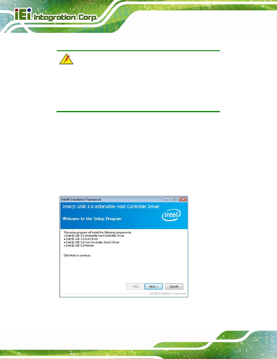 6 usb 3.0 driver installation, River, Nstallation | Figure 6-19: usb 3.0 driver welcome screen | IEI Integration PCIE-Q870-i2 User Manual | Page 145 / 217
