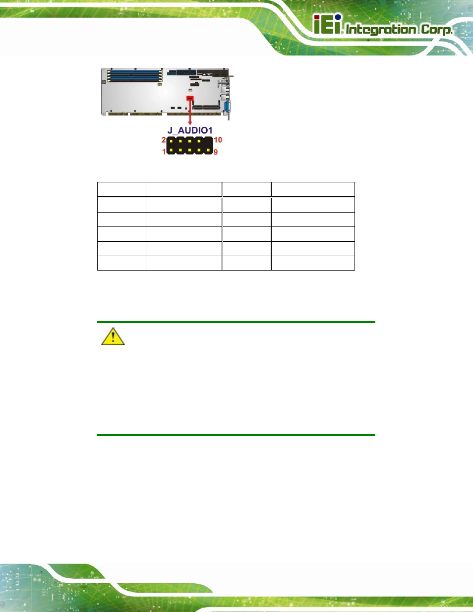 3 battery connector, Figure 3-3: audio connector location, Table 3-4: audio connector pinouts | See figure 3-3, See table 3-4 | IEI Integration PCIE-Q870-i2 User Manual | Page 38 / 217