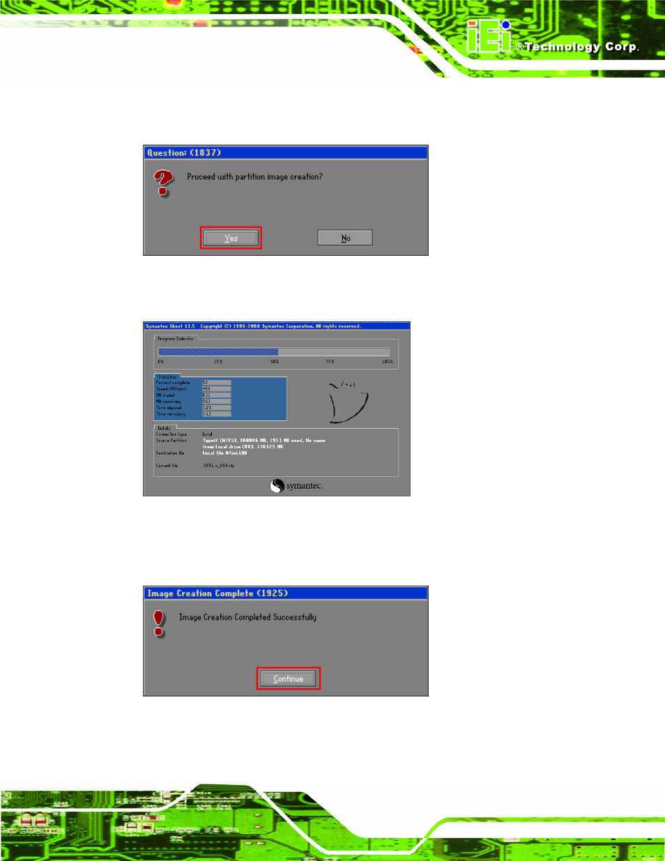 Figure b-18: image creation confirmation, Figure b-19: image creation process, Figure b-20: image creation complete | IEI Integration IOWA-LX-600 User Manual | Page 135 / 159