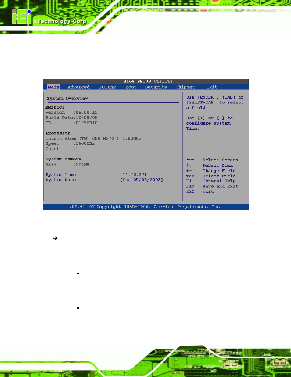 2 main, Bios menu 1: main | IEI Integration PCISA-945GSE v1.01 User Manual | Page 110 / 207