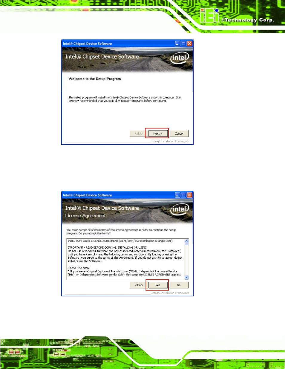 Figure 7-4: chipset driver welcome screen, Figure 7-5: chipset driver license agreement, Figure 7-4 | IEI Integration PCISA-945GSE v1.01 User Manual | Page 163 / 207