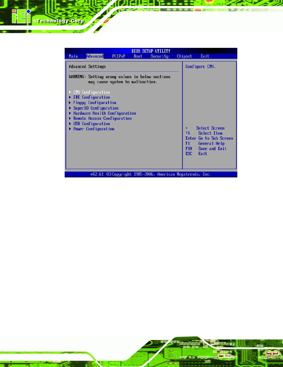 1 cpu configuration, Menu 2: advanced, Bios menu 2 | Section 6.3.1 ) | IEI Integration PCISA-9652 v1.00 User Manual | Page 126 / 232