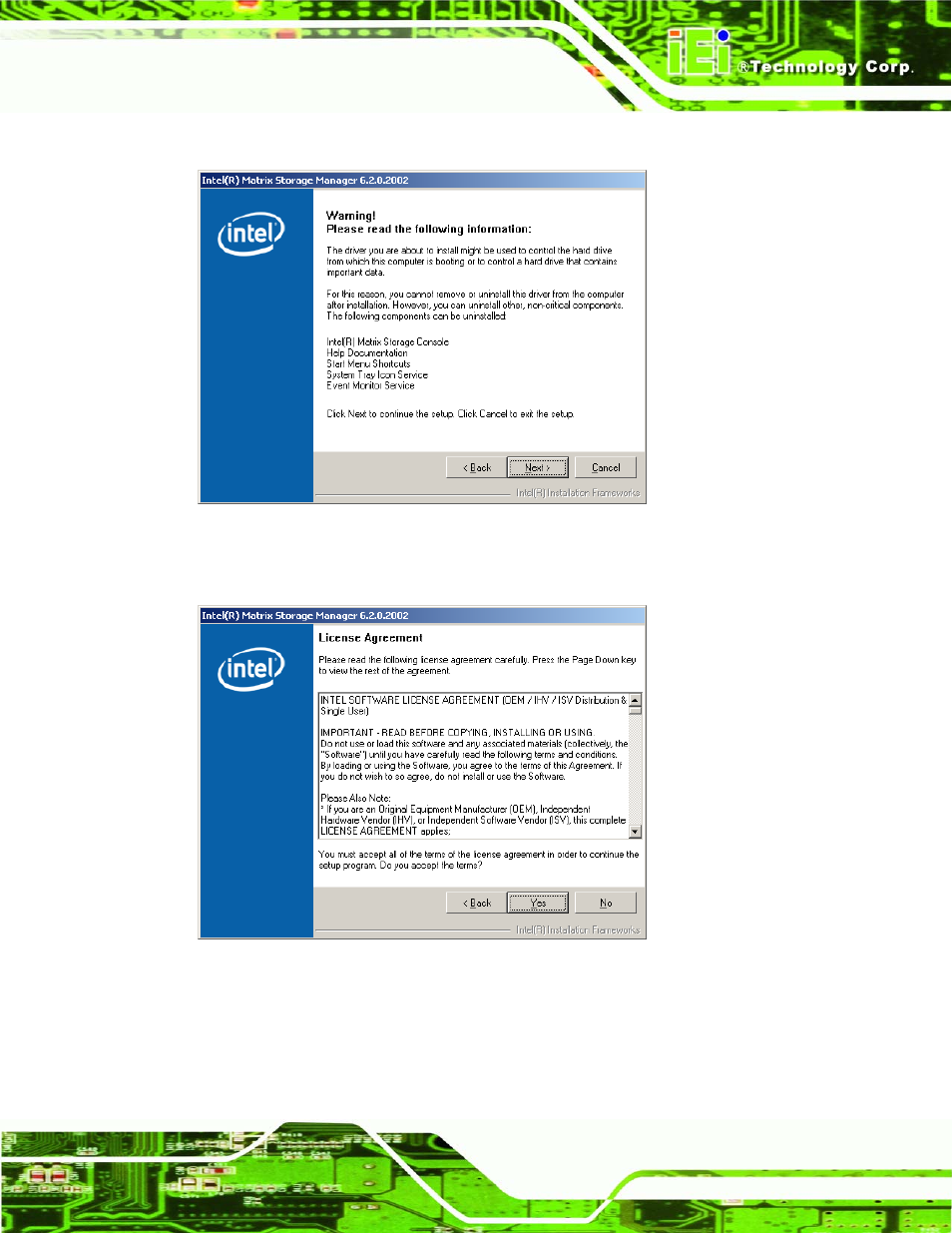 Figure 7-47: matrix storage manager warning screen | IEI Integration PCISA-9652 v1.00 User Manual | Page 193 / 232