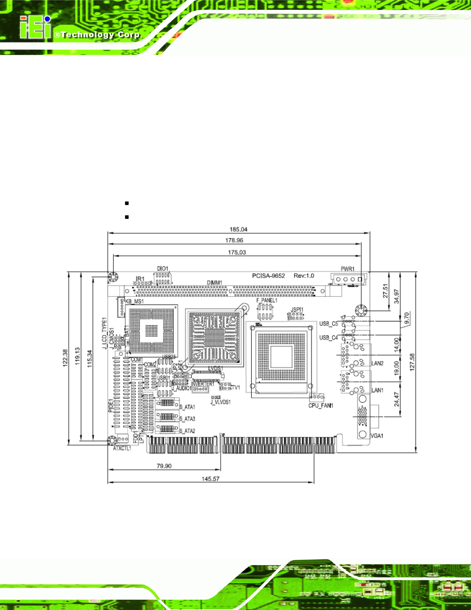 1 overview, 2 dimensions, 1 board dimensions | Verview, Imensions, Figure 2-1: pcisa-9652 dimensions (mm) | IEI Integration PCISA-9652 v1.00 User Manual | Page 30 / 232