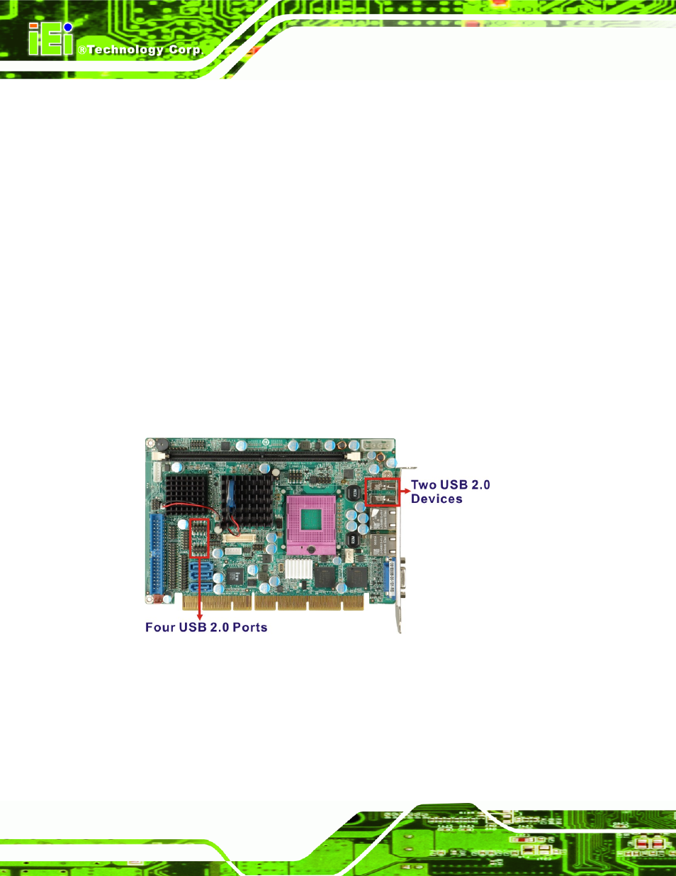 10 intel® ich8me usb controller, 7 pcie bus components, 1 pcie bus overview | 9 intel, Ich8me serial peripheral interface (spi) bios, 10 intel, Ich8me usb controller, 7 pci, Omponents, Figure 2-11: onboard usb implementation | IEI Integration PCISA-9652 v1.00 User Manual | Page 44 / 232
