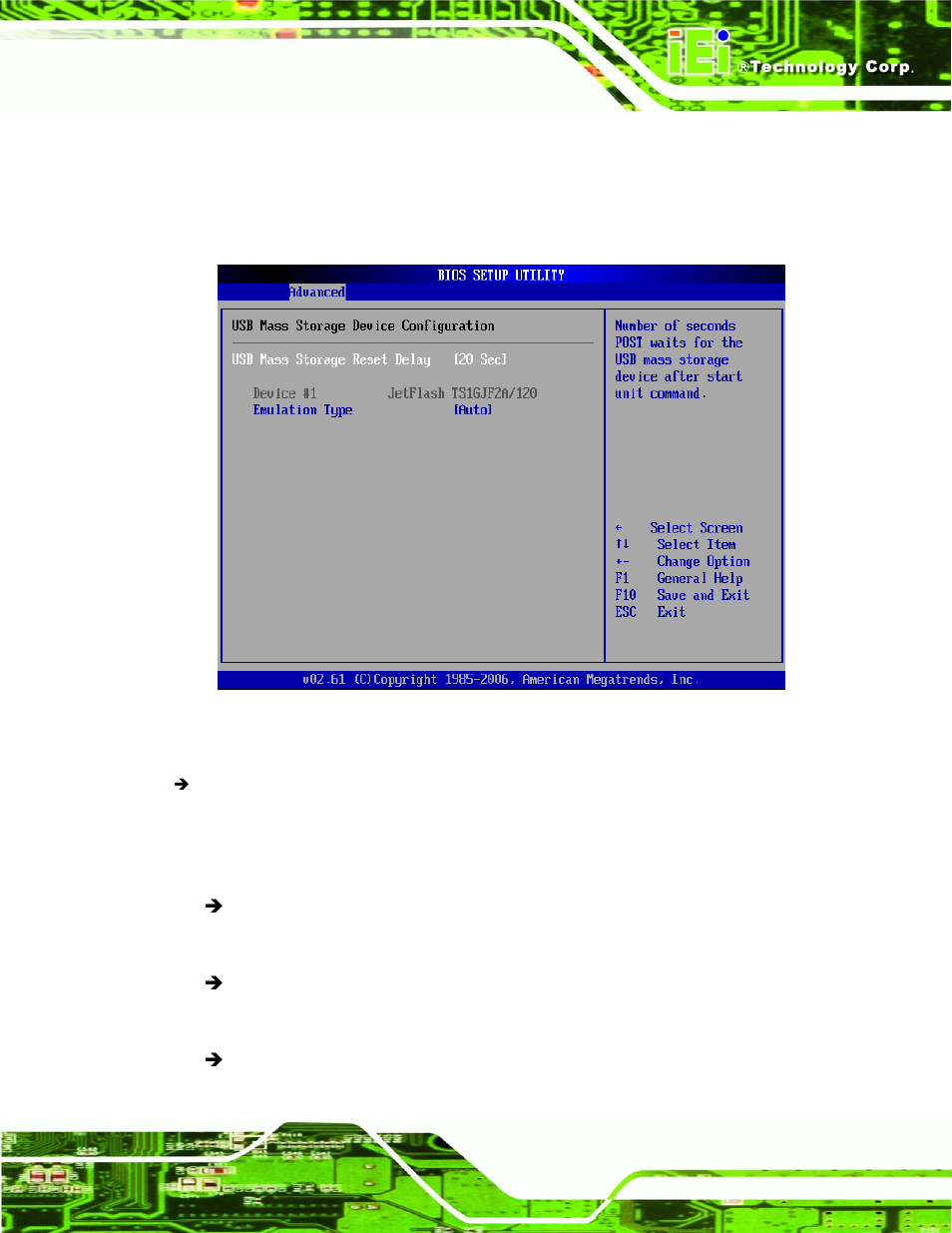 1 usb mass storage device configuration, Menu 11: usb mass storage device configuration | IEI Integration PCISA-9652 v1.01 User Manual | Page 145 / 232