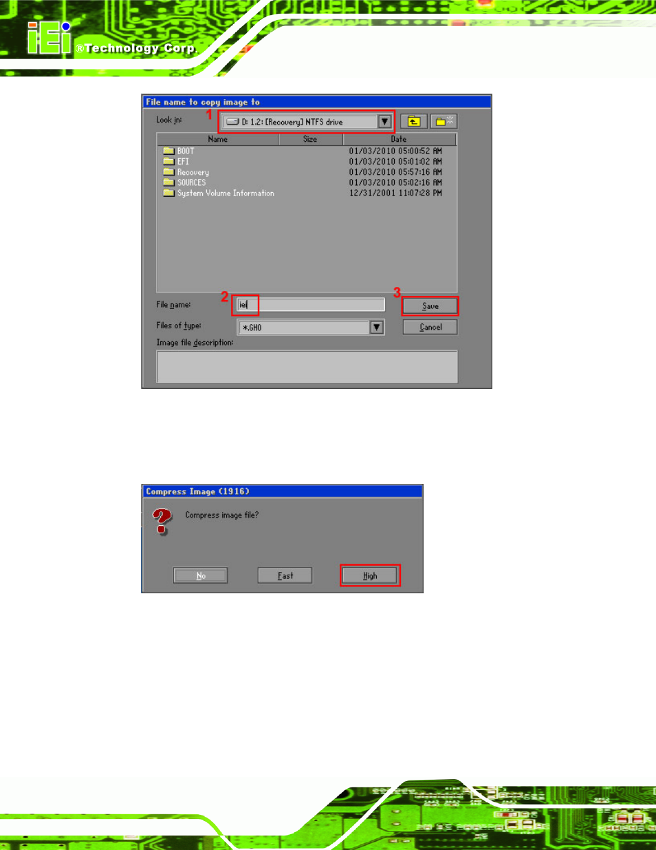 Figure b-16: file name to copy image to, Figure b-17: compress image | IEI Integration PICOe-PV-D4251_N4551_D5251 v1.11 User Manual | Page 128 / 155