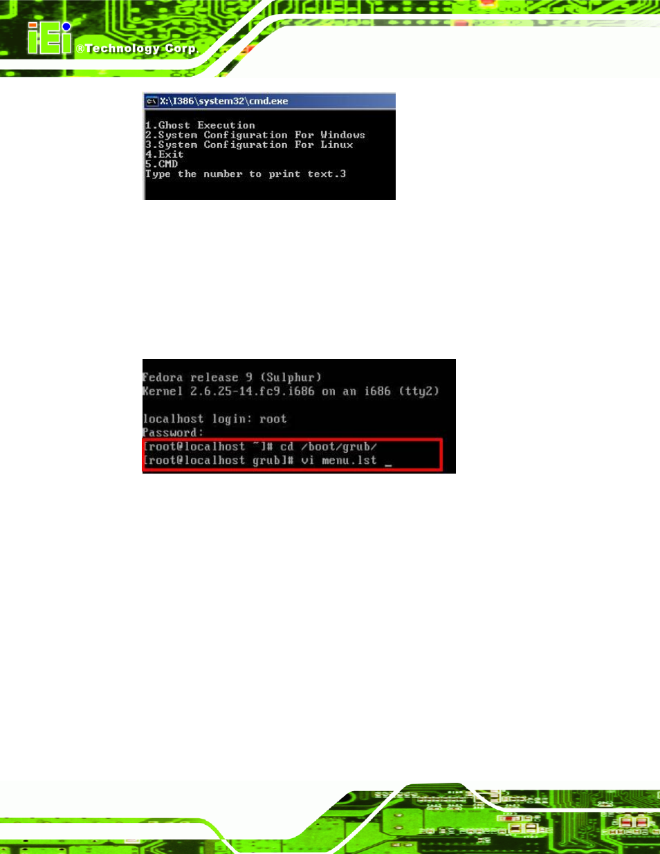 Figure b-23: system configuration for linux, Figure b-24: access menu.lst in linux (text mode) | IEI Integration PICOe-PV-D4251_N4551_D5251 v1.11 User Manual | Page 132 / 155