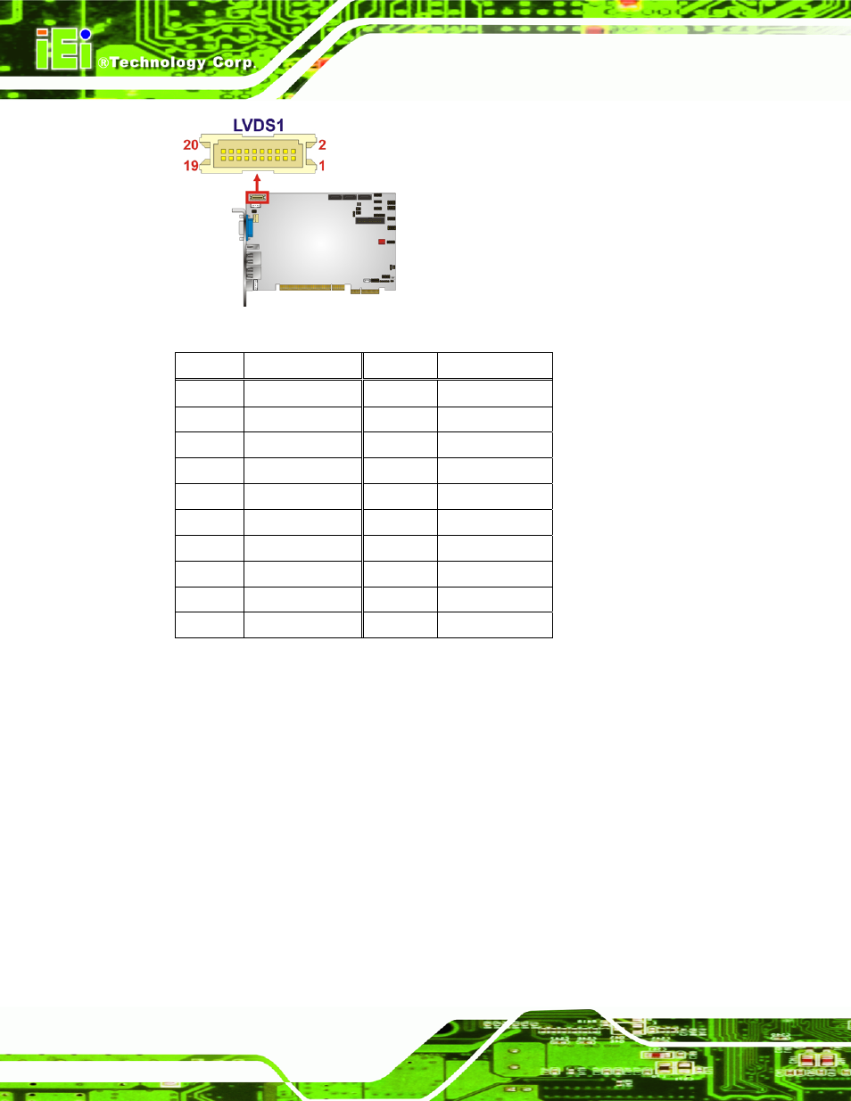 12 parallel port connector, Figure 3-13: lvds lcd connector pinout location, Table 3-13: tft lcd lvds port connector pinouts | Htable 3-13 | IEI Integration PICOe-PV-D4251_N4551_D5251 v1.11 User Manual | Page 40 / 155