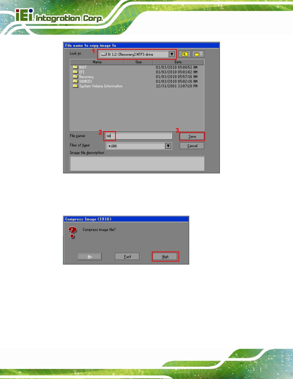 Figure b-16: file name to copy image to, Figure b-17: compress image | IEI Integration PICOe-B650 User Manual | Page 116 / 156