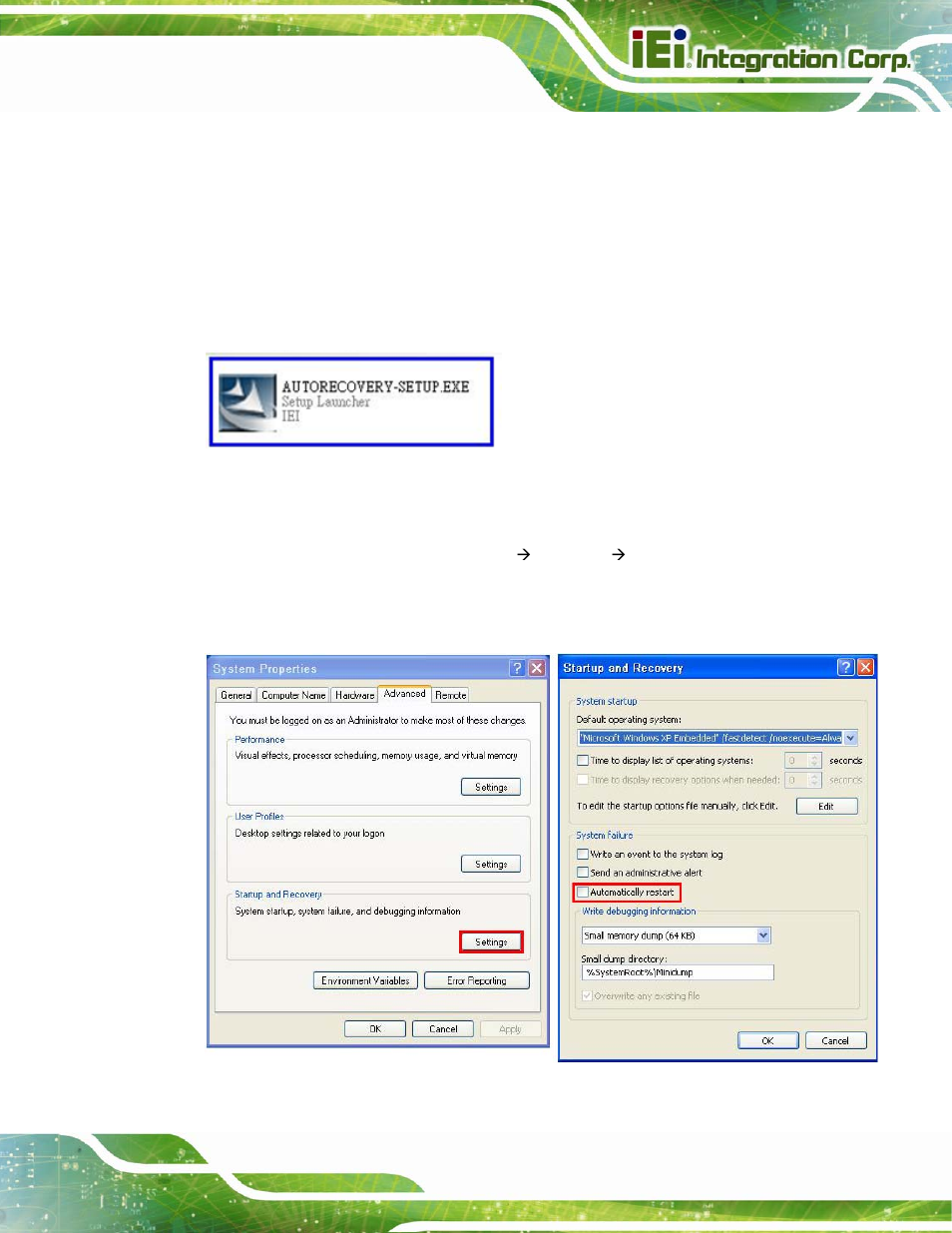 Figure b-22: auto recovery utility, Figure b-23: disable automatically restart, Lists all the | IEI Integration PICOe-B650 User Manual | Page 119 / 156