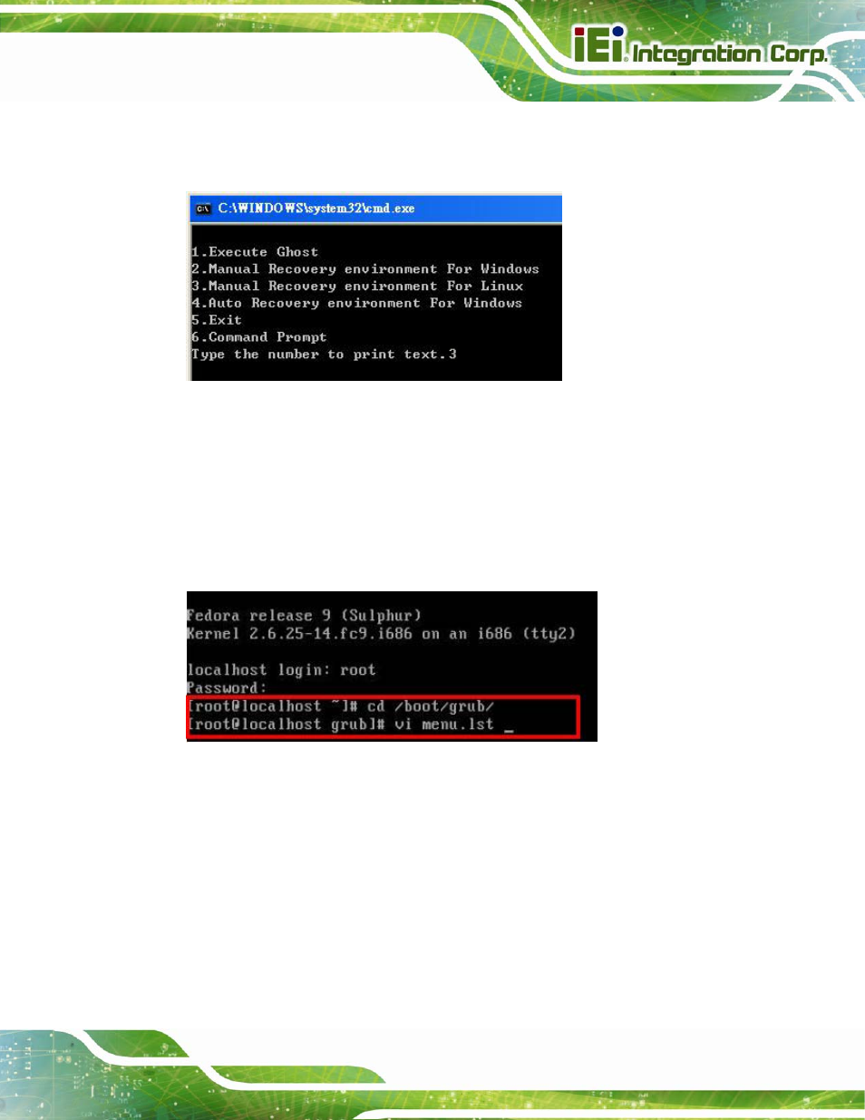 Figure b-31: manual recovery environment for linux, Figure b-32: access menu.lst in linux (text mode) | IEI Integration PICOe-B650 User Manual | Page 125 / 156