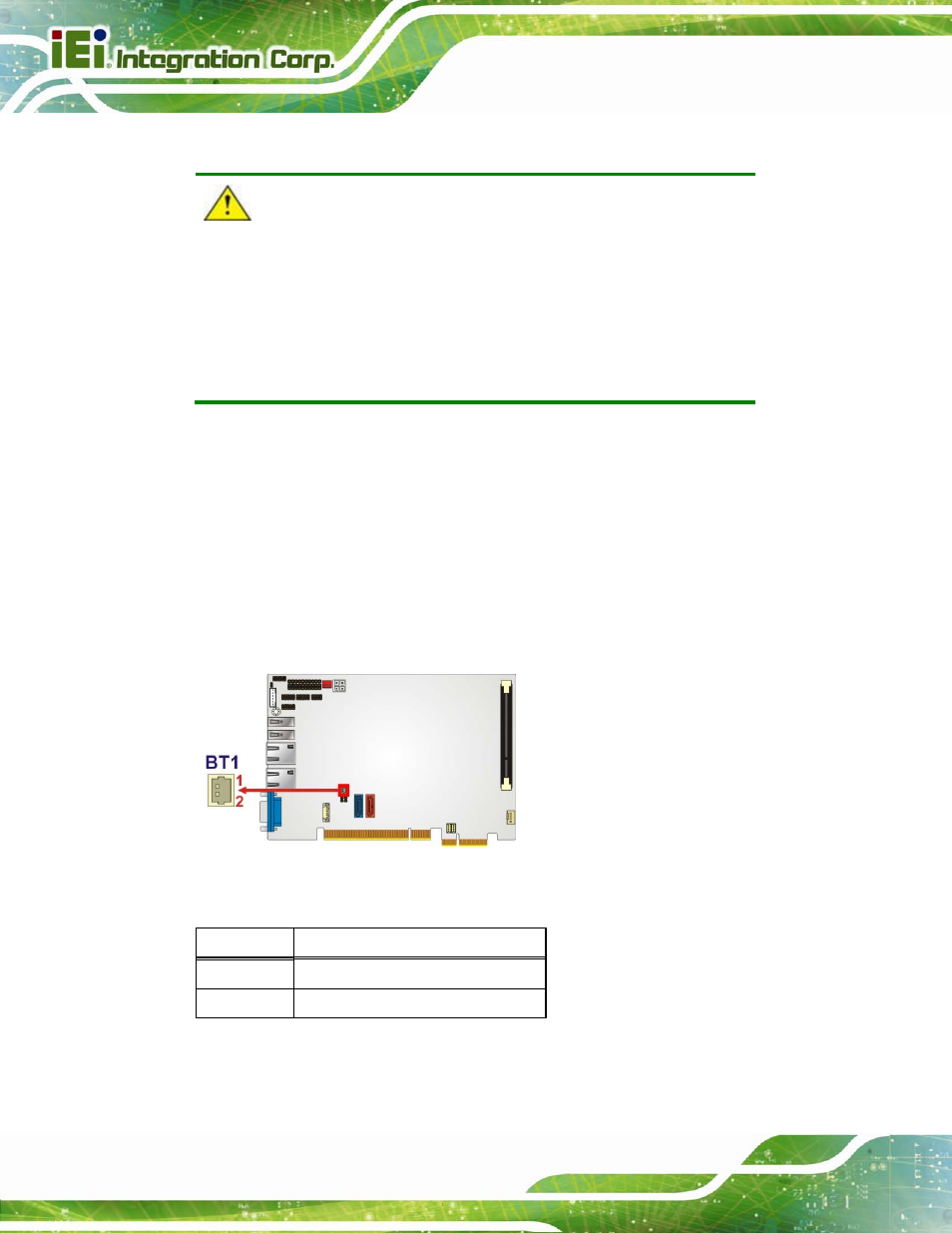 3 battery connector, Figure 3-4: battery connector location, Table 3-5: battery connector pinouts | IEI Integration PICOe-B650 User Manual | Page 30 / 156