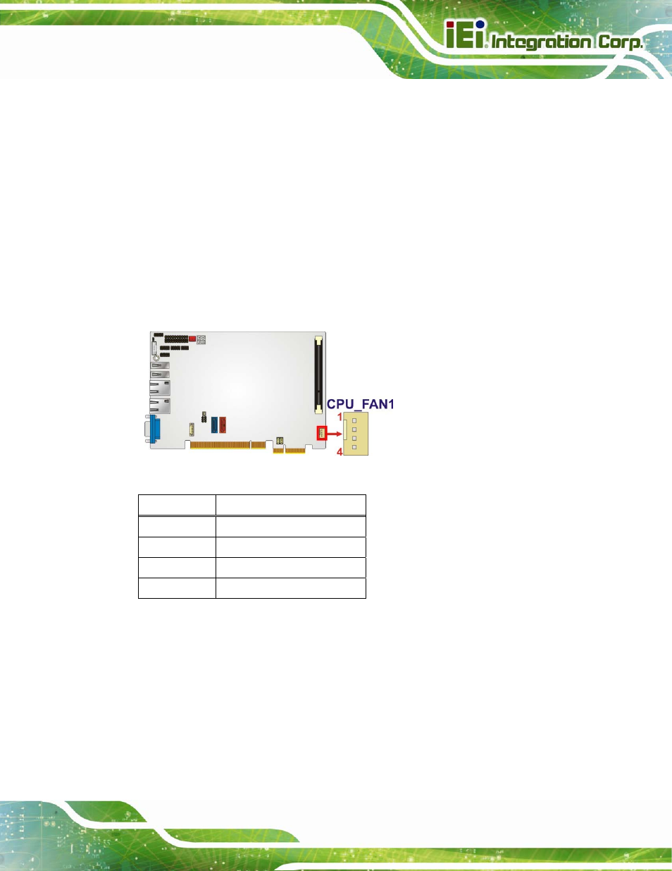 4 cpu fan connector, 5 cpu 12 v power connector, Figure 3-5: +12v fan connector location | Table 3-6: +12v fan connector pinouts | IEI Integration PICOe-B650 User Manual | Page 31 / 156