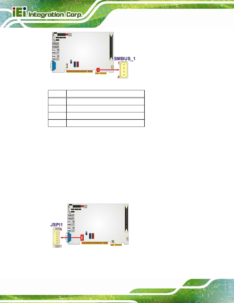 14 spi flash connector, Figure 3-14: smbus connector location, Figure 3-15: spi flash connector location | Table 3-15: smbus connector pinouts | IEI Integration PICOe-B650 User Manual | Page 40 / 156