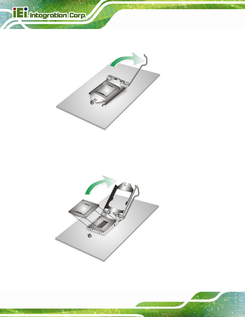 Figure 4-1: disengage the cpu socket load lever, Figure 4-2: remove protective cover | IEI Integration PICOe-B650 User Manual | Page 50 / 156