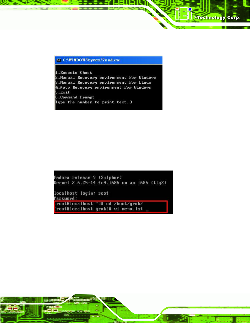 Figure b-31: manual recovery environment for linux, Figure b-32: access menu.lst in linux (text mode) | IEI Integration PICOe-HM650 User Manual | Page 143 / 174