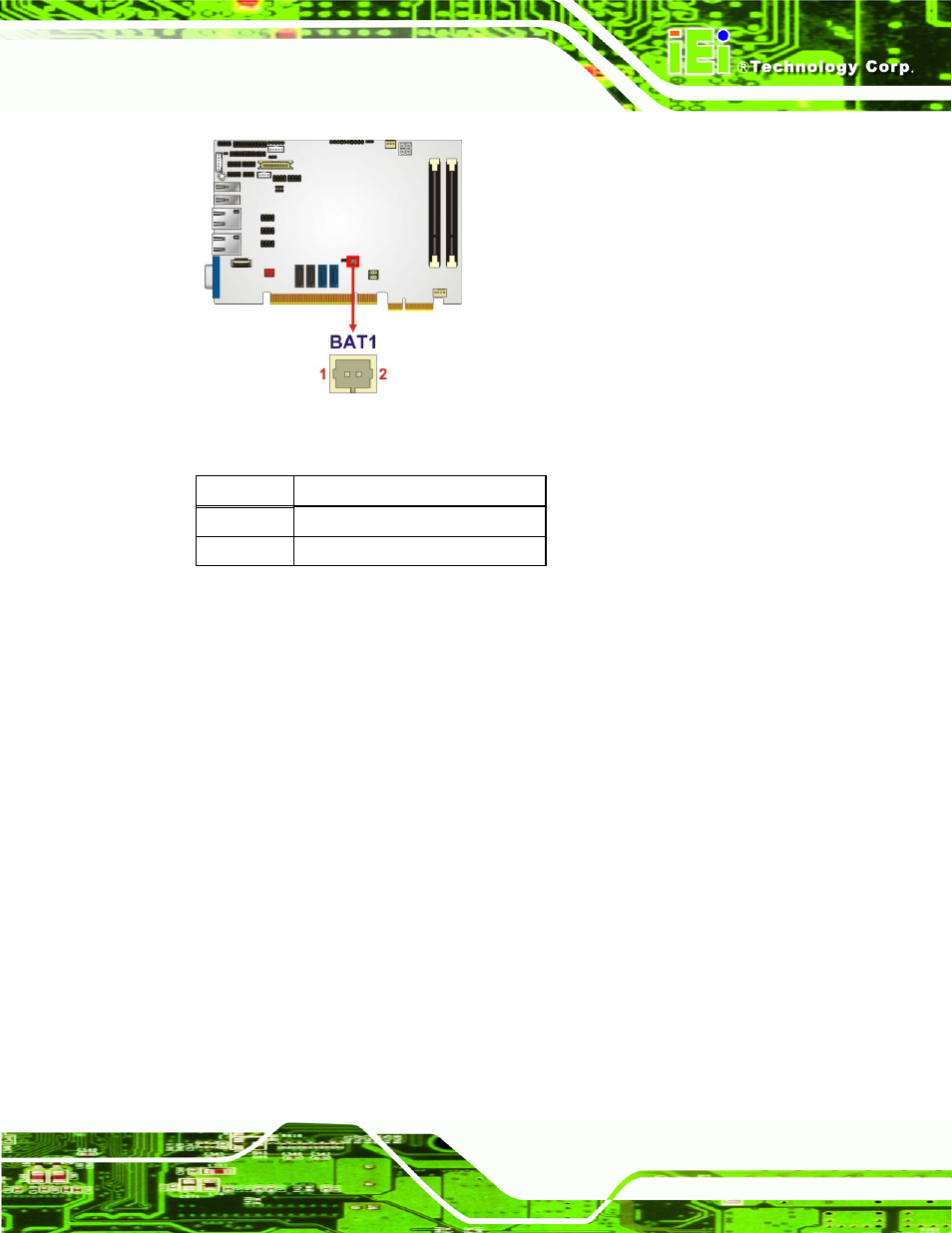 4 cpu 12 v power connector, Figure 3-4: battery connector location, Table 3-5: battery connector pinouts | IEI Integration PICOe-HM650 User Manual | Page 33 / 174