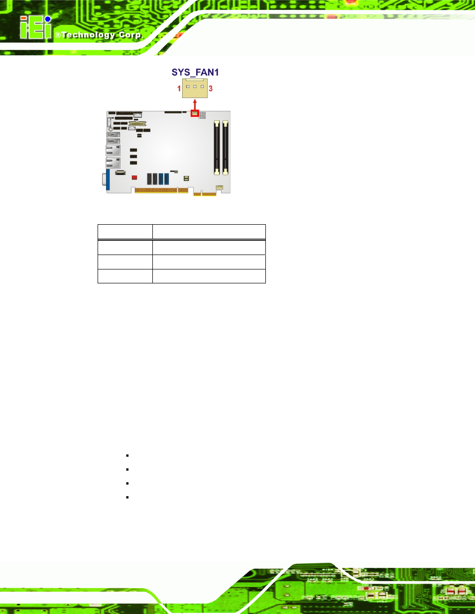 9 front panel connector, Figure 3-9: system fan connector location, Table 3-10: system fan connector pinouts | IEI Integration PICOe-HM650 User Manual | Page 38 / 174