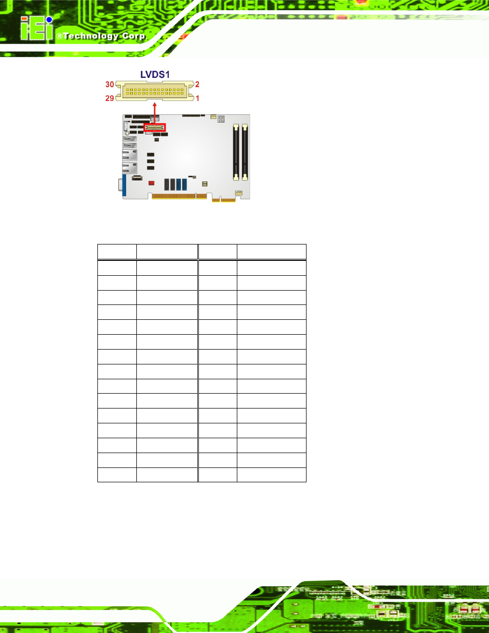 Figure 3-15: lvds connector location, Table 3-16: lvds connector pinouts | IEI Integration PICOe-HM650 User Manual | Page 44 / 174