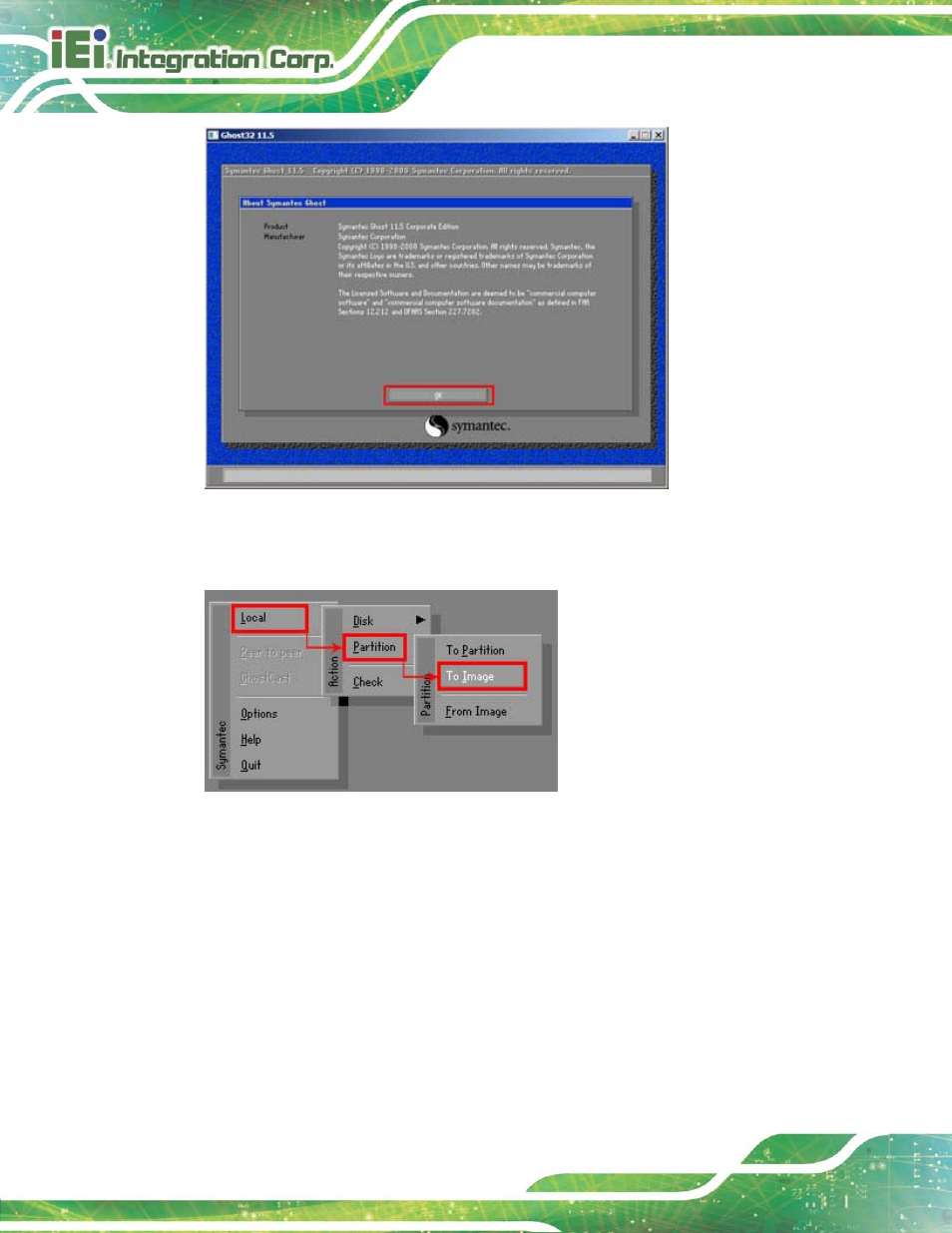 Figure b-12: about symantec ghost window, Figure b-13: symantec ghost path | IEI Integration HYPER-KBN User Manual | Page 100 / 139