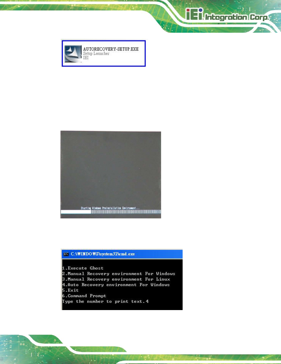 Figure b-22: auto recovery utility, Figure b-23: launching the recovery tool, Figure b-24: auto recovery environment for windows | IEI Integration HYPER-KBN User Manual | Page 105 / 139