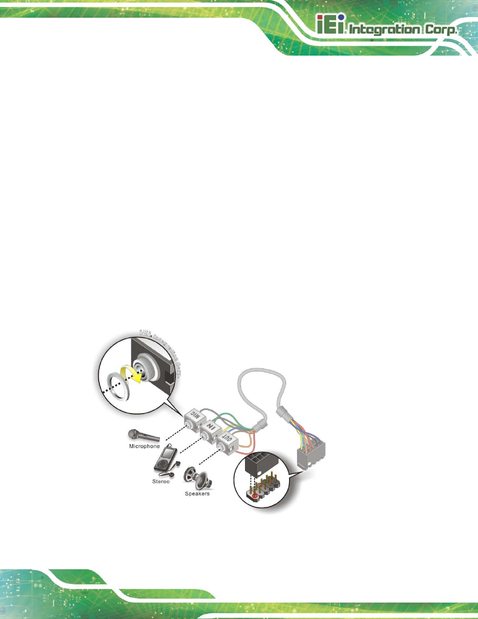 4 internal peripheral device connections, 1 audio kit installation, Nternal | Eripheral, Evice, Onnections, Figure 4-2: audio kit cable connection | IEI Integration HYPER-KBN User Manual | Page 51 / 139