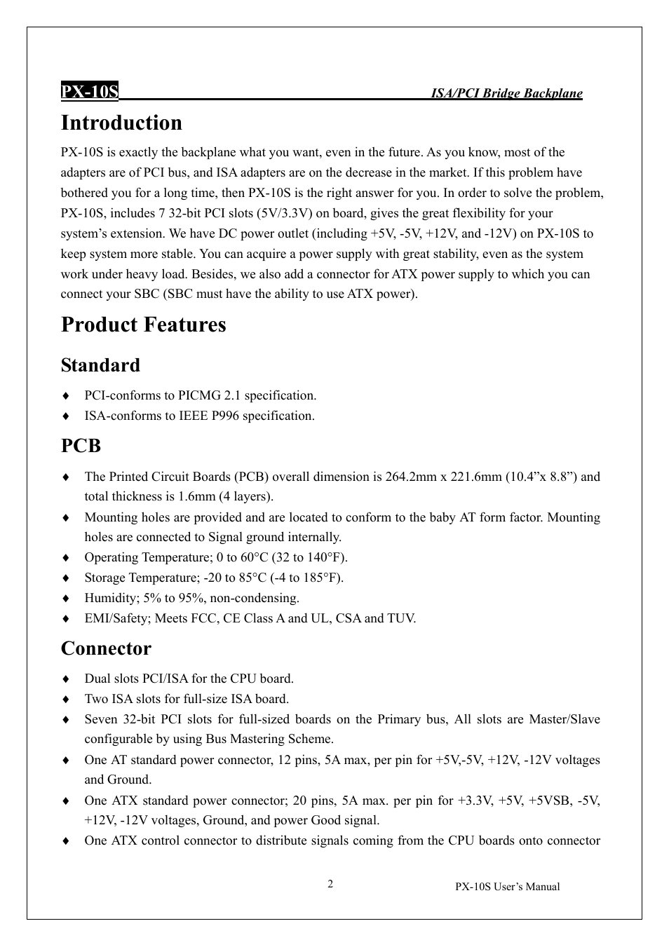 Introduction, Product features, Standard | Connector, Px-10s | IEI Integration PX-10S-RS v1.01 User Manual | Page 3 / 6