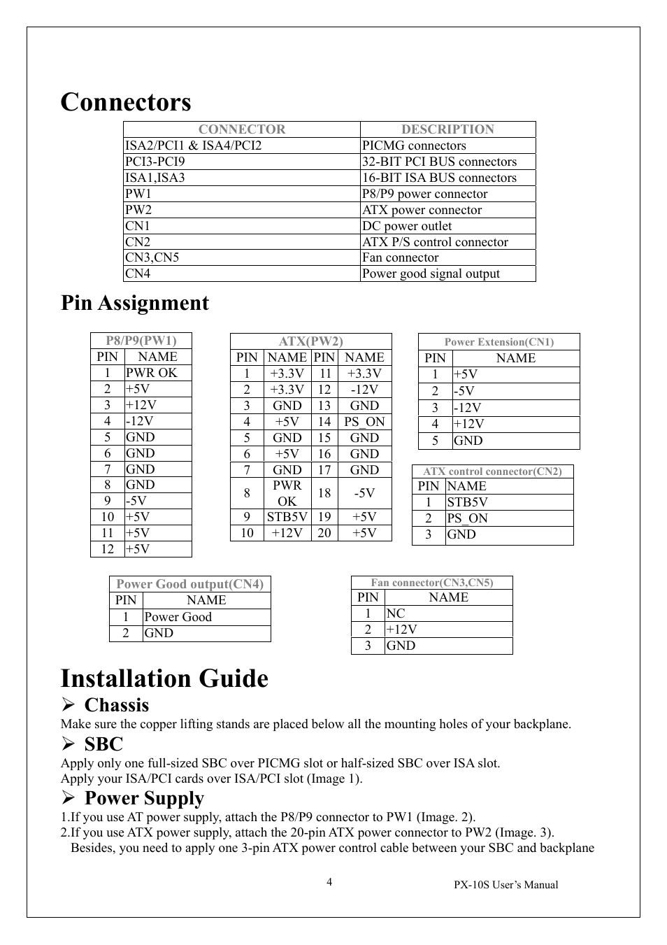 Connectors, Installation guide, Pin assignment | Chassis, Power supply | IEI Integration PX-10S-RS v1.01 User Manual | Page 5 / 6