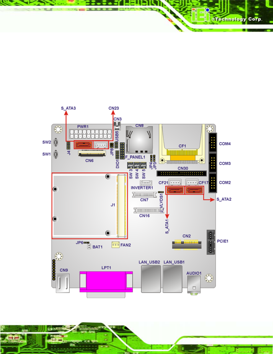 1 peripheral interface connectors, 1 layout, Eripheral | Nterface, Onnectors, Figure 4-1: connector and jumper locations | IEI Integration iQ7-US15W User Manual | Page 39 / 139