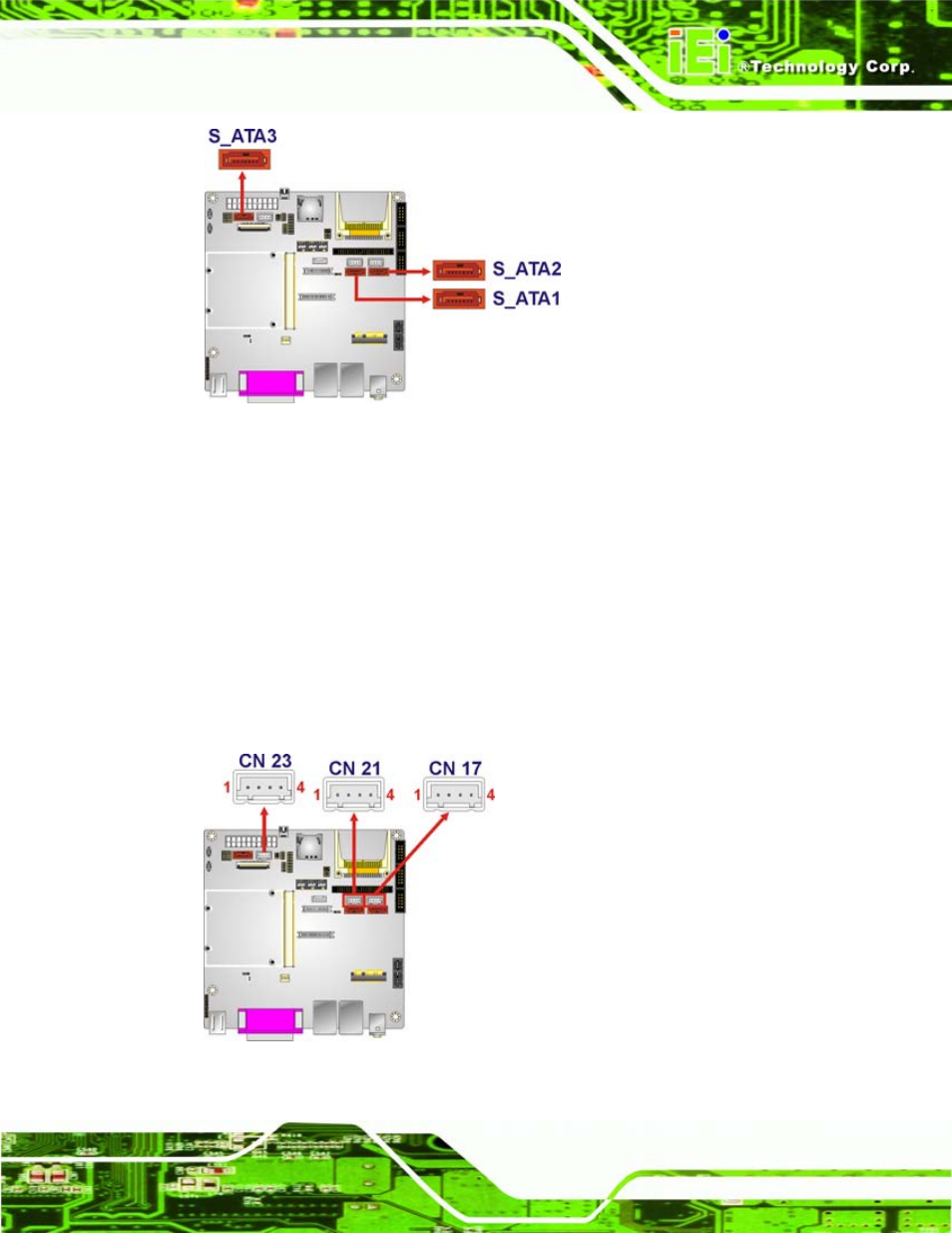 17 sata power connectors, Figure 4-17: sata drive connector locations, Figure 4-18: sata power connector locations | IEI Integration iQ7-US15W User Manual | Page 61 / 139