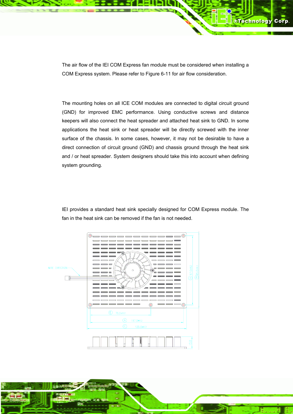 2 air follow issue, 3 grounding issue, 7 others kits specification | 1 heat sink, Thers, Pecification, Figure 6-11: iei heat sink module dimensions | IEI Integration ICE-DB-9S User Manual | Page 118 / 159