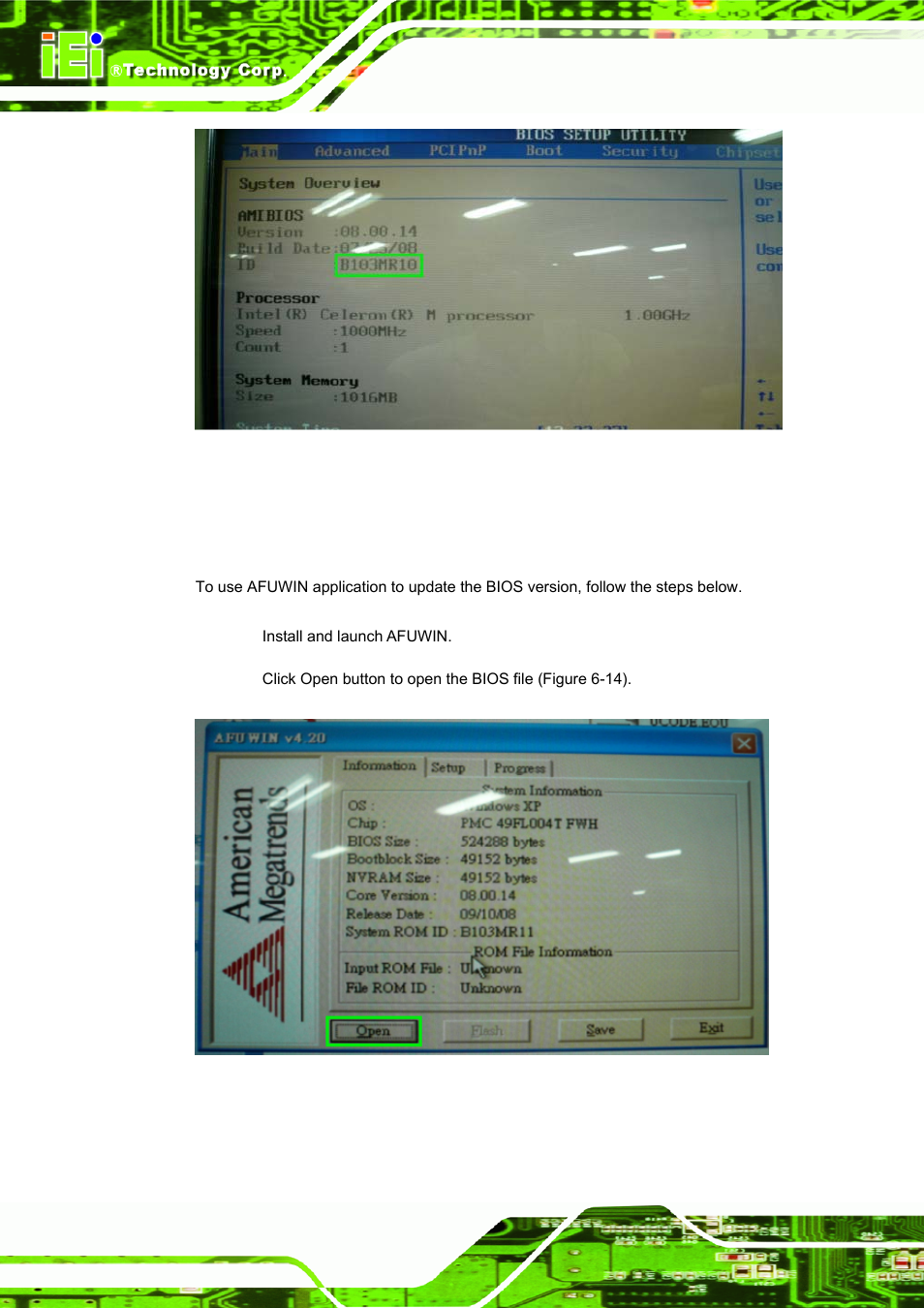 B.2.1 using afuwin, Figure 6-13: bios main menu (bios version: mr10), Figure 6-14: afuwin – open bios file | IEI Integration ICE-DB-9S User Manual | Page 131 / 159