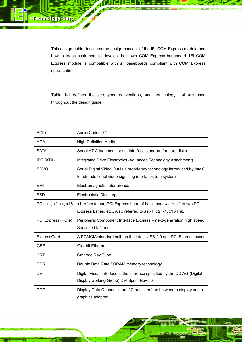 1 introduction, 2 acronyms and abbreviations definition, Ntroduction | Cronyms and, Bbreviations, Efinition, Table 1-1: conventions and terminology | IEI Integration ICE-DB-9S User Manual | Page 15 / 159