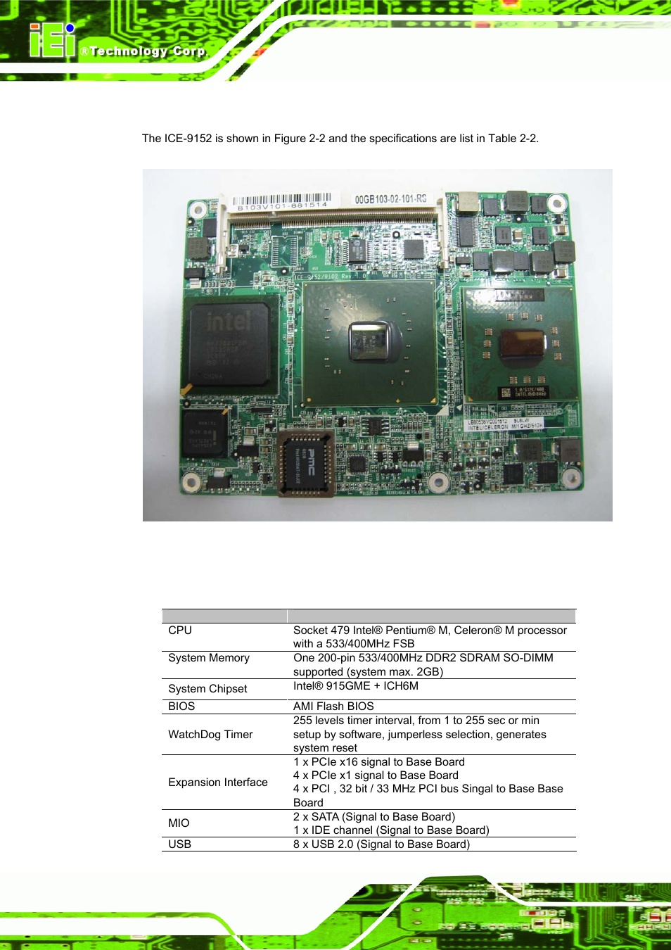 1 ice-9152-r10, Figure 2-2: ice-9152-r10, Table 2-2: ice-9152-r10 specification | IEI Integration ICE-DB-9S User Manual | Page 21 / 159