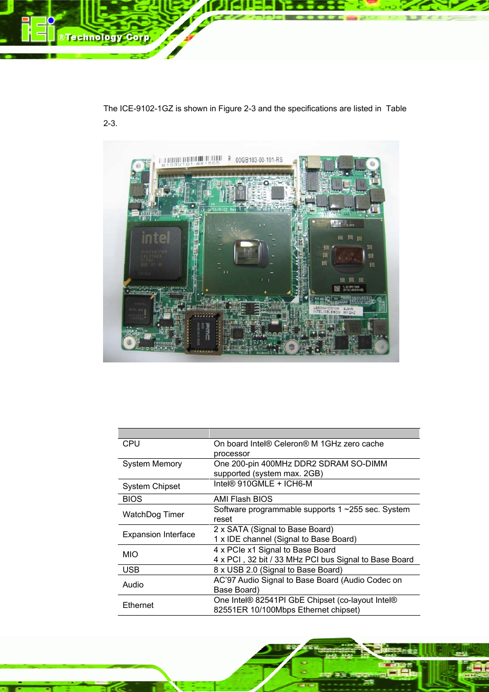 2 ice-9102-1gz-r10, Figure 2-3: ice-9102-1gz-r10, Table 2-3: ice-9102-1gz-r10 specification | IEI Integration ICE-DB-9S User Manual | Page 23 / 159