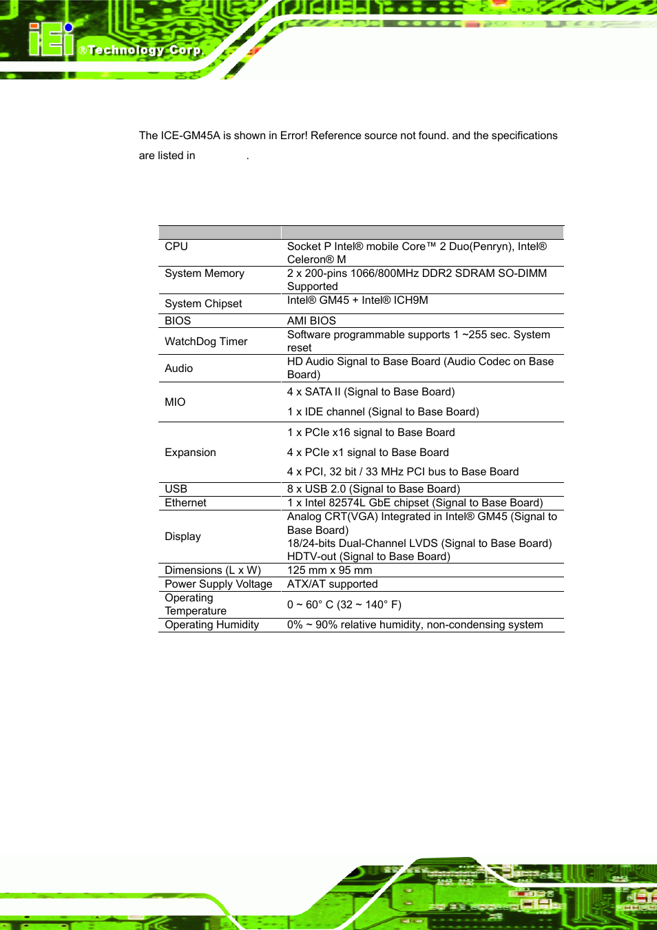5 ice-gm45a-r10, Table 2-6: ice-gm45a-r10 specification | IEI Integration ICE-DB-9S User Manual | Page 29 / 159