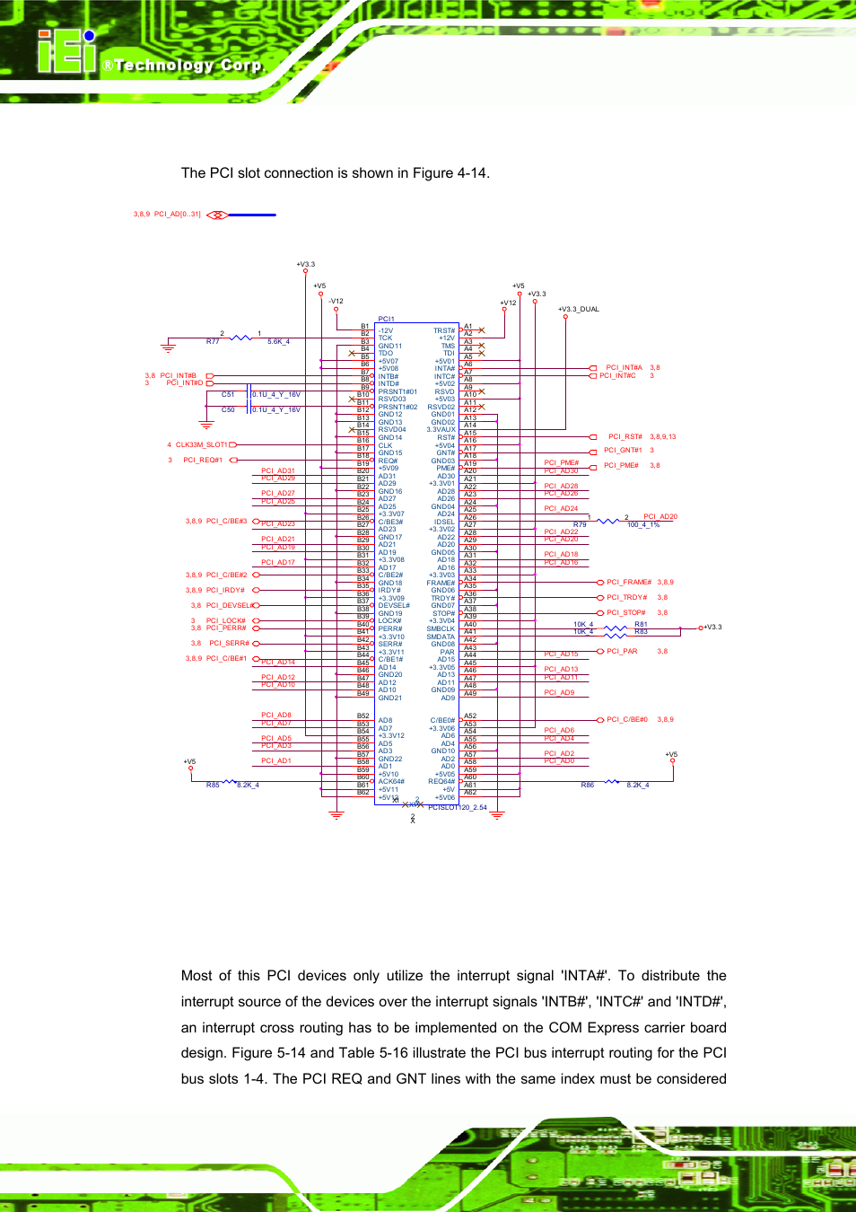 2 pci connector, 3 pci irq assignment, Figure 4-14: pci slot connection example | The pci slot connection is show n in figure 4-14 | IEI Integration ICE-DB-9S User Manual | Page 61 / 159