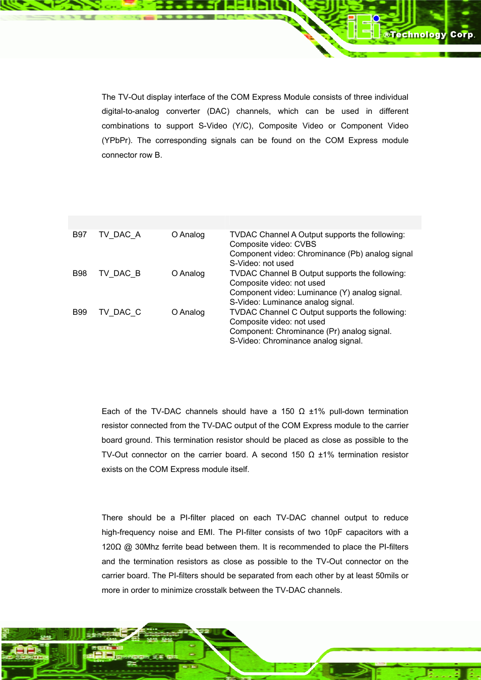 10 tv-out, 1 signal description, 2 tv-out routing guideline | 1 signal termination, 2 video filter, 10 tv-o, Table 4-19: tv-out signal descriptions | IEI Integration ICE-DB-9S User Manual | Page 82 / 159