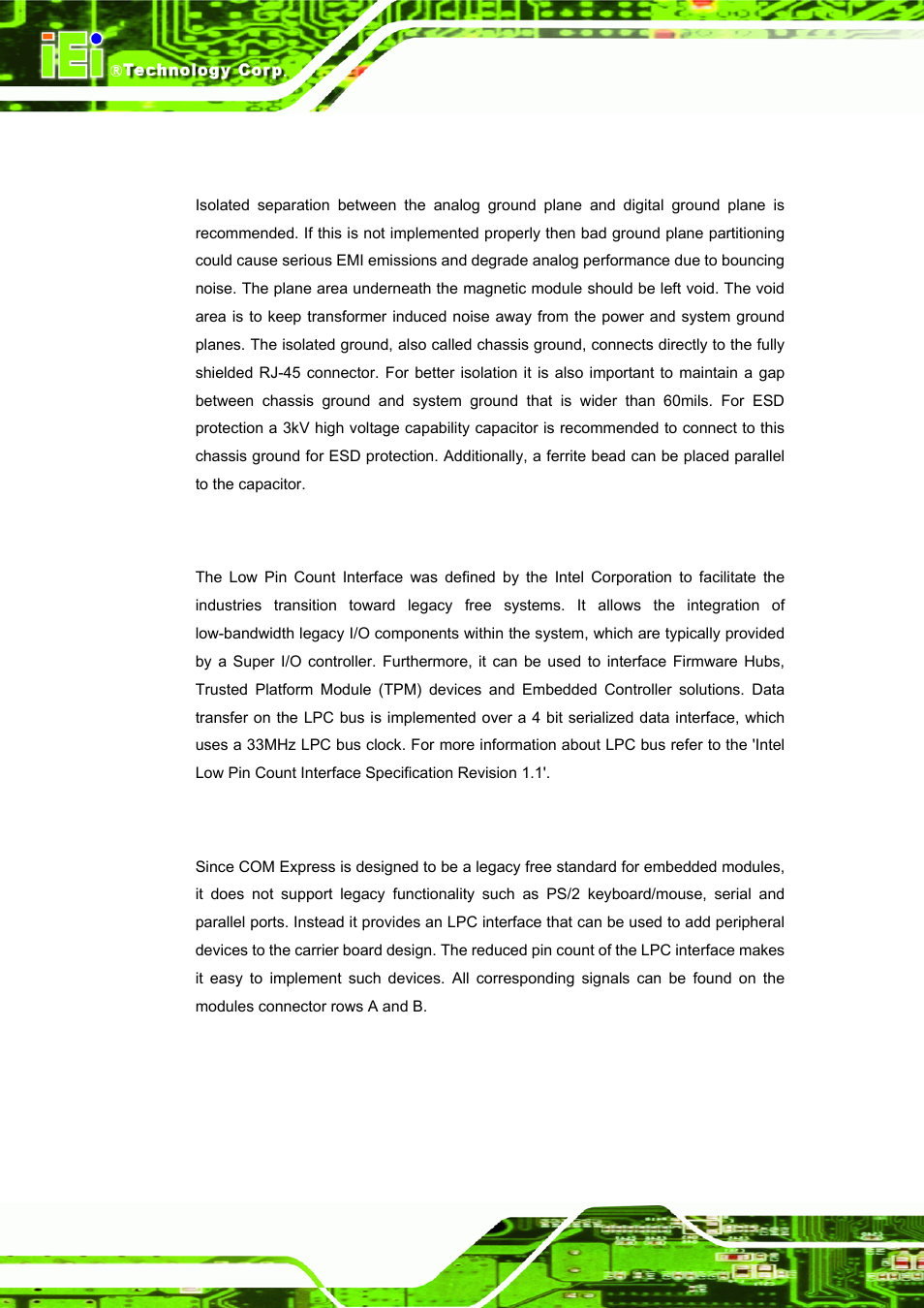 2 lan ground plane separation, 12 lpc (low pin count interface), 1 signal description | 12 lpc (l, Ount, Nterface | IEI Integration ICE-DB-9S User Manual | Page 87 / 159