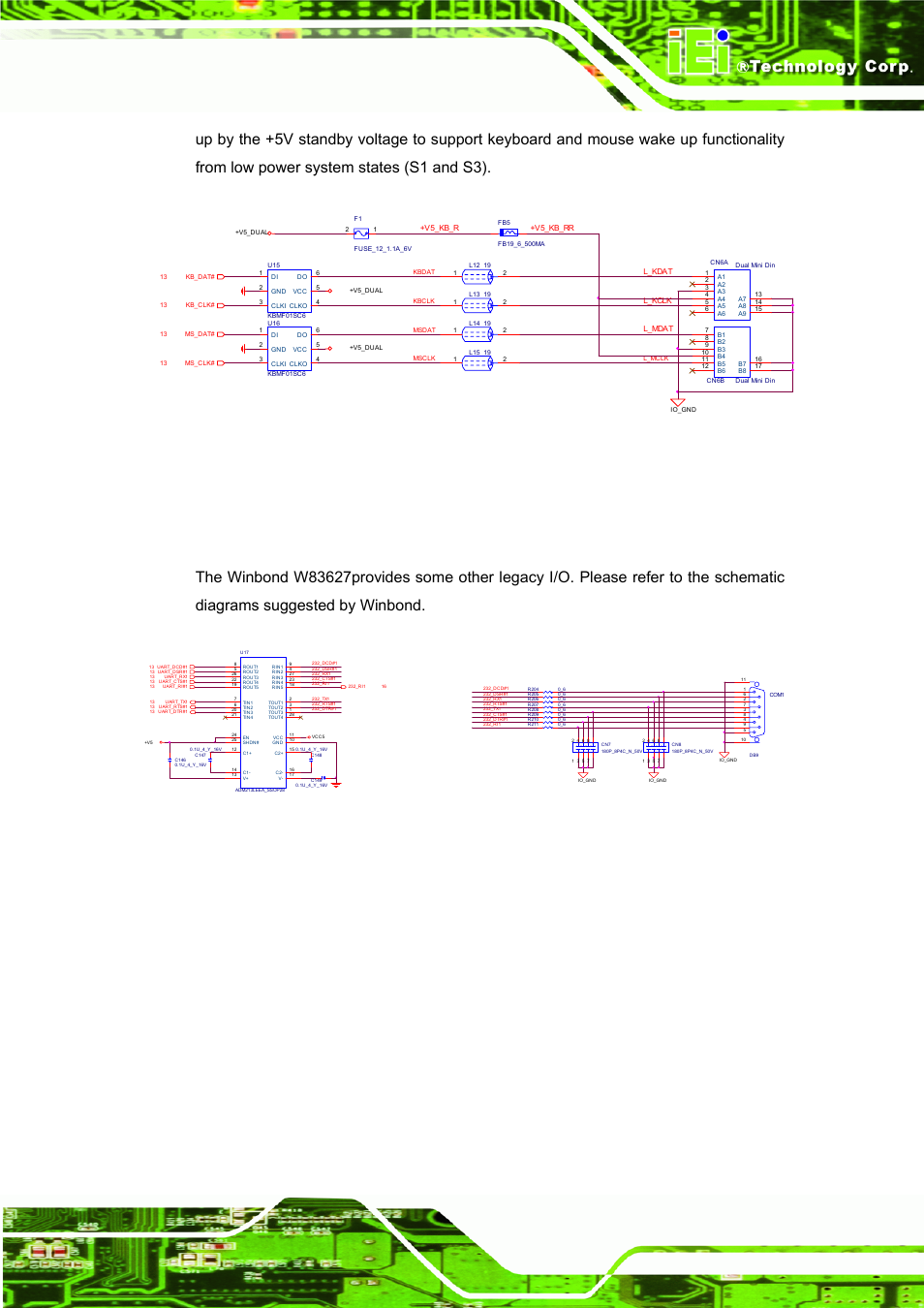 2 rs-232/floppy/lpt/ir, Figure 4-36: keyboard/mouse reference schematic, Figure 4-37: rs-232 reference schematic | Page 77 ice module, Kb/ms, Com1 | IEI Integration ICE-DB-9S User Manual | Page 90 / 159