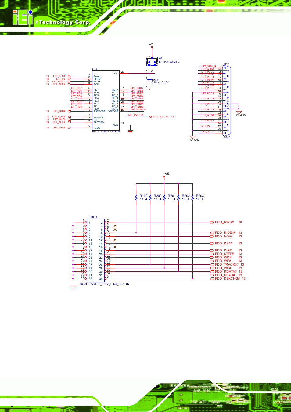 Figure 4-38: lpt reference schematic, Figure 4-39: floppy reference schematic, Floppy(only device a) | Ice module page 78 | IEI Integration ICE-DB-9S User Manual | Page 91 / 159