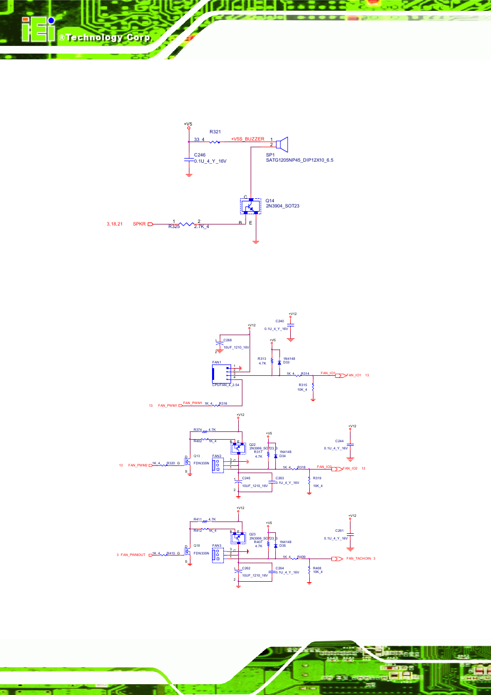 2 speaker/fan control/rtc reference, 1 speaker out, 2 fan control | Figure 4-43: speaker out reference schematic, Figure 4-44: fan reference schematic, Buzzer, Cpu fan w/fan control system fan w/fan control, System fan2 w/fan control from com module | IEI Integration ICE-DB-9S User Manual | Page 97 / 159